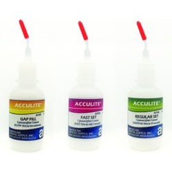 ACCULITE CYANOACRYLATE KIT 3, 3-1/2 OZ. BOTTLES WITH 1 OZ. ACCUSOLV SOLVENT